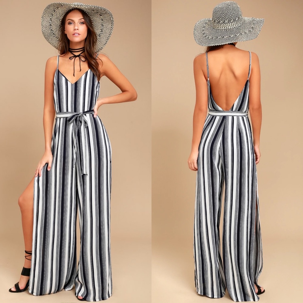 Lulus | To the Beach and Back Blue and White Striped Jumpsuit